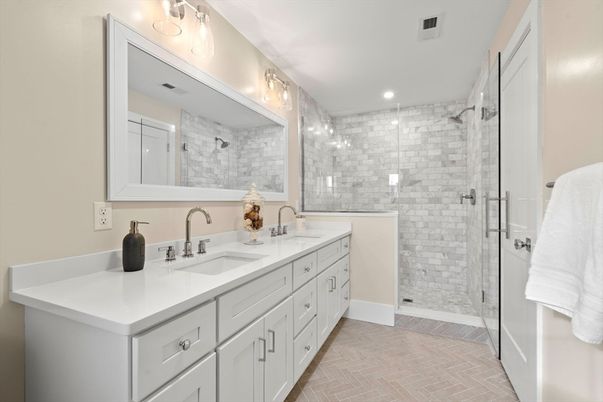 Bathroom, Dual Sink Vanities, Glass Shower, Interior, Recessed Lighting