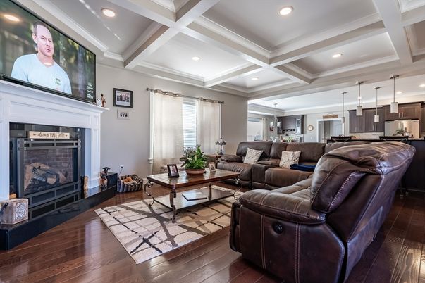 Fireplace, Interior, Kitchen, Living room, Pendant Lights, Recessed Lighting, Wood Texture Flooring