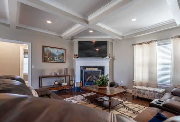 Fireplace, Interior, Living room, Recessed Lighting, Wood Texture Flooring