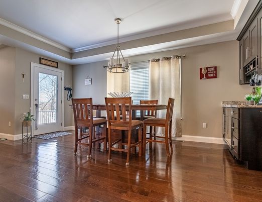 Dining room, Interior, Pendant Lights, Wood Texture Flooring