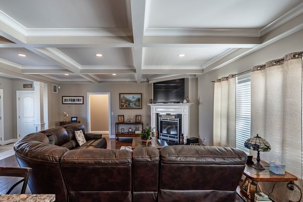 Fireplace, Interior, Living room, Recessed Lighting, Wood Texture Flooring