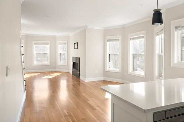 Empty room, Fireplace, Interior, Pendant Lights, Recessed Lighting, Wood Texture Flooring