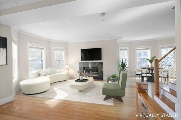 Dining room, Fireplace, Interior, Living room, Recessed Lighting, Wood Texture Flooring