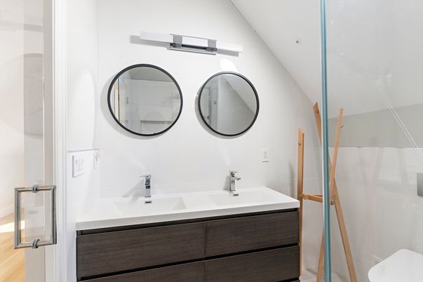 Bathroom, Dual Sink Vanities, Glass Shower, Interior, Wood Texture Flooring