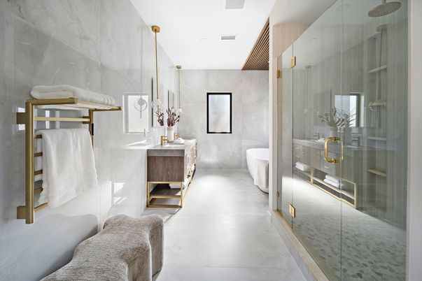 Bathroom, Dual Sink Vanities, Free Standing Baths, Glass Shower, Interior, Marble, Marble Walls, Recessed Lighting