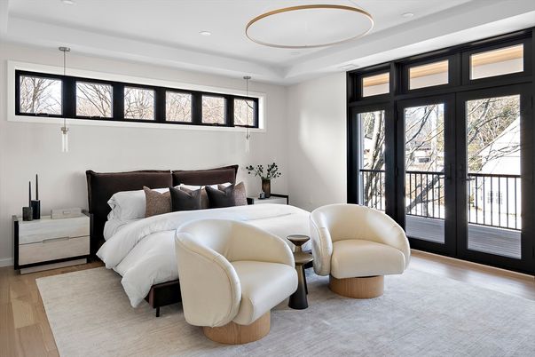 Bedroom, Interior, Pendant Lights, Recessed Lighting, Wood Texture Flooring