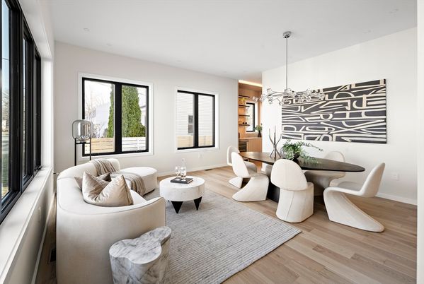 Dining room, Interior, Living room, Pendant Lights, Wood Texture Flooring