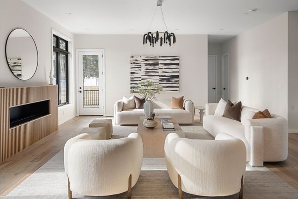 Fireplace, Interior, Living room, Pendant Lights, Wood Texture Flooring