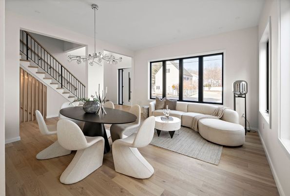 Dining room, Interior, Living room, Pendant Lights, Wood Texture Flooring