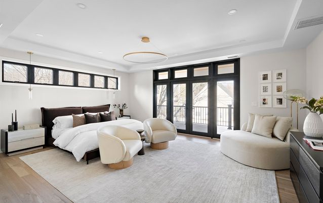 Bedroom, Interior, Pendant Lights, Recessed Lighting, Wood Texture Flooring