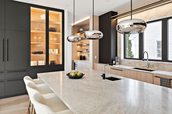 Dining room, Interior, Kitchen, Pendant Lights, Stainless Steel Appliances, Wood Texture Flooring