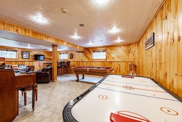 Billiard Table, Game Room, Interior, Living room, Recessed Lighting, Wooden Walls