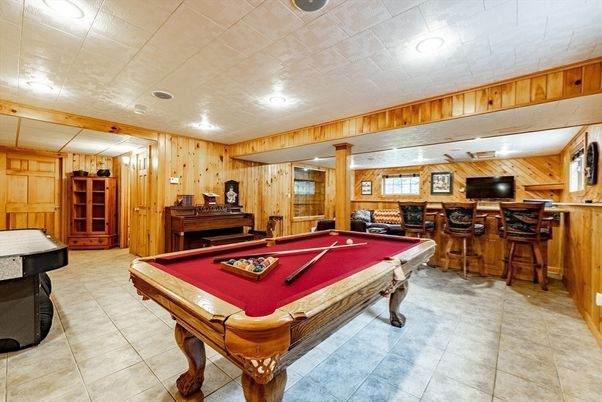 Billiard Table, Game Room, Interior, Recessed Lighting, Wooden Walls