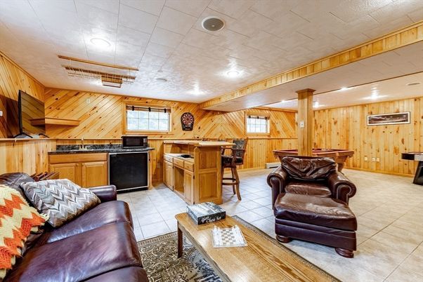 Billiard Table, Game Room, Interior, Kitchen, Living room, Recessed Lighting, Wooden Walls