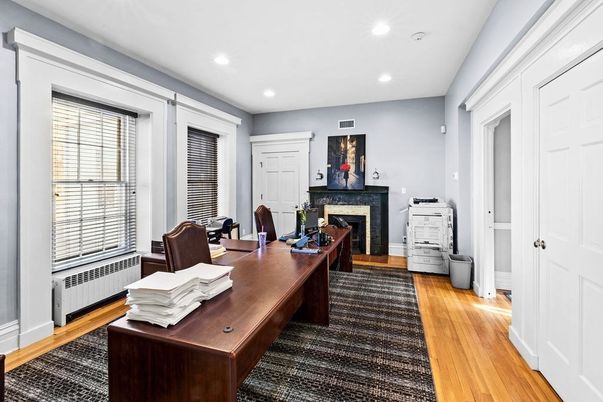 Fireplace, Home Office, Interior, Recessed Lighting, Wood Texture Flooring