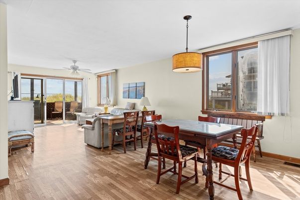 Dining room, Interior, Living room, Pendant Lights, Wood Texture Flooring