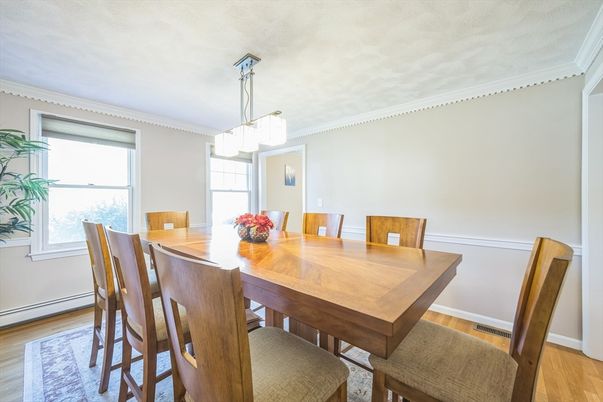 Chandelier, Dining room, Interior, Pendant Lights, Wood Texture Flooring