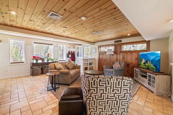 Fireplace, Interior, Living room, Recessed Lighting, Wooden Ceilings, Wooden Walls