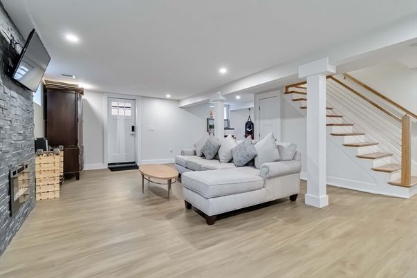 Fireplace, Interior, Living room, Recessed Lighting, Wood Texture Flooring