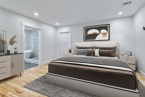 Bathroom, Free Standing Baths, Glass Shower, Interior, Marble Walls, Recessed Lighting