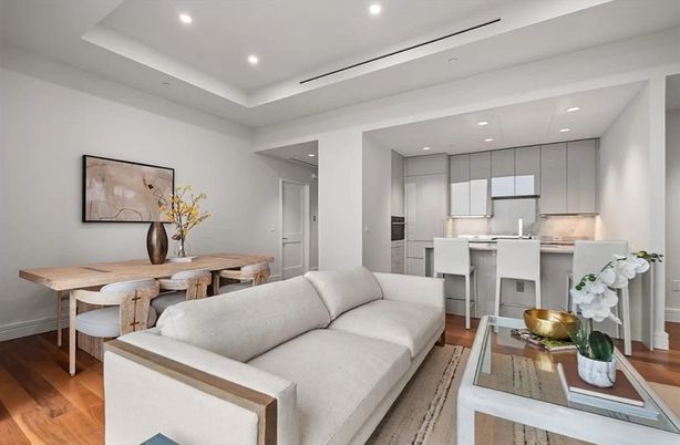 Dining room, Interior, Kitchen, Living room, Recessed Lighting, Stainless Steel Appliances, Wood Texture Flooring