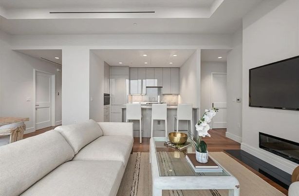 Fireplace, Interior, Kitchen, Living room, Recessed Lighting, Stainless Steel Appliances, Wood Texture Flooring