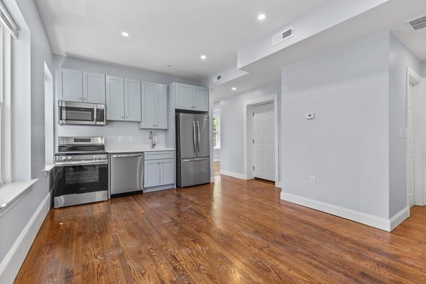 Interior, Kitchen, Recessed Lighting, Stainless Steel Appliances, Wood Texture Flooring