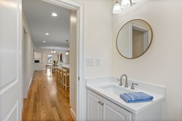 Bathroom, Interior, Pendant Lights, Recessed Lighting, Wood Texture Flooring