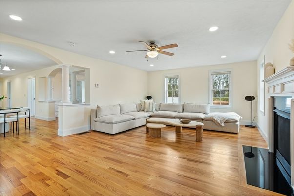 Fireplace, Interior, Living room, Recessed Lighting, Wood Texture Flooring