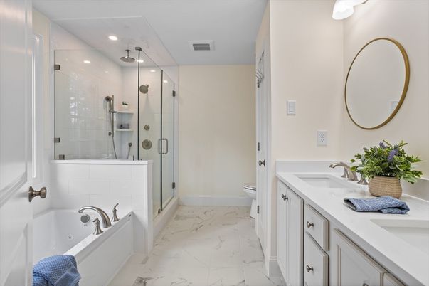 Bathroom, Dual Sink Vanities, Glass Shower, Interior, Marble, Recessed Lighting