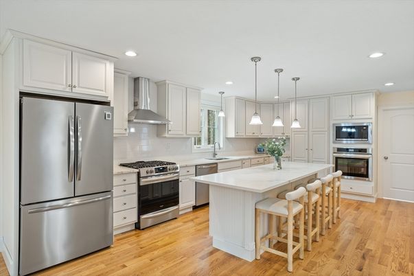 Interior, Kitchen, Pendant Lights, Recessed Lighting, Stainless Steel Appliances, Wood Texture Flooring