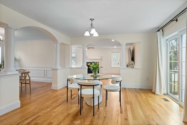 Dining room, Interior, Pendant Lights, Recessed Lighting, Wood Texture Flooring