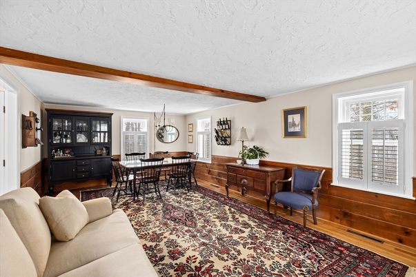 Dining room, Interior, Living room, Pendant Lights, Wooden Beams, Wood Texture Flooring
