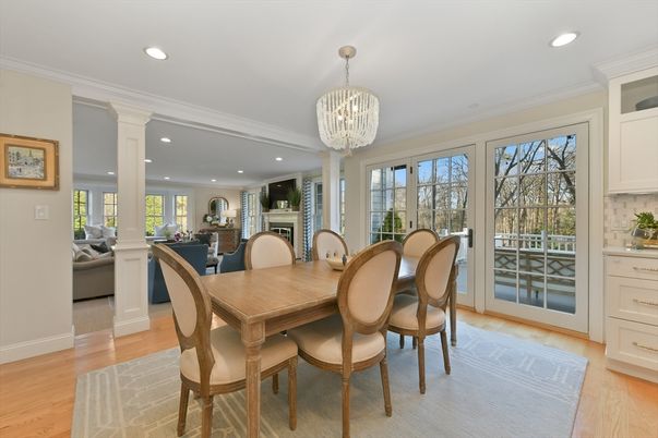 Chandelier, Dining room, Fireplace, Interior, Living room, Recessed Lighting, Wood Texture Flooring