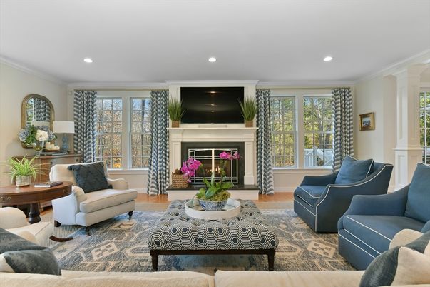 Fireplace, Interior, Living room, Recessed Lighting, Wood Texture Flooring