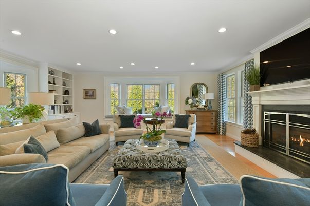 Fireplace, Interior, Living room, Recessed Lighting, Wood Texture Flooring