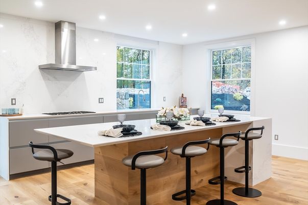 Interior, Kitchen, Marble Walls, Recessed Lighting, Wood Texture Flooring