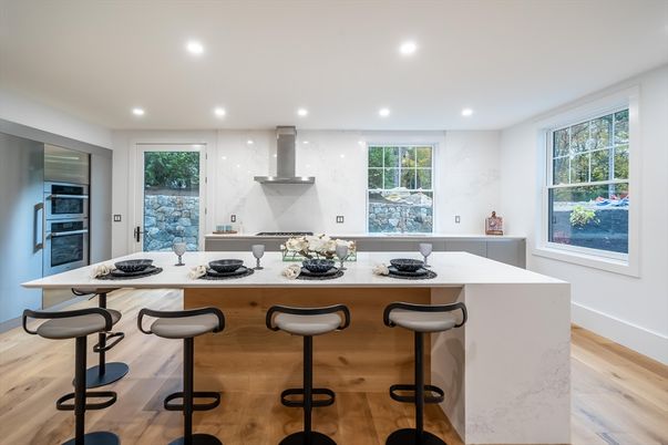 Interior, Kitchen, Marble Walls, Recessed Lighting, Wood Texture Flooring