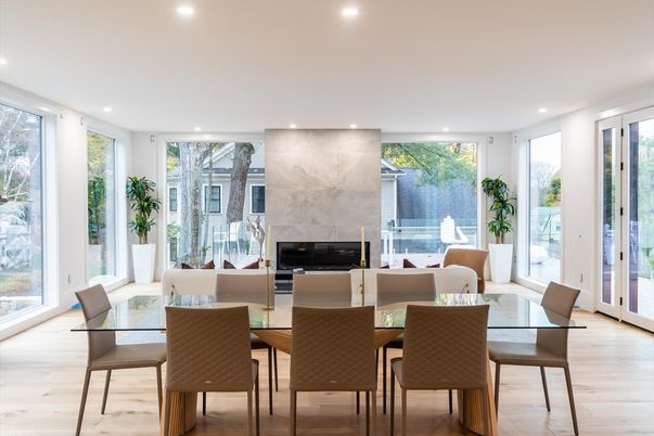 Dining room, Fireplace, Interior, Recessed Lighting, Wood Texture Flooring