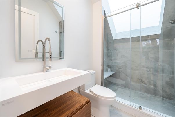 Bathroom, Glass Shower, Interior, Wood Texture Flooring