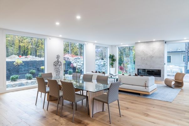 Dining room, Fireplace, Interior, Living room, Recessed Lighting, Wood Texture Flooring