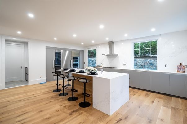 Interior, Kitchen, Marble Walls, Recessed Lighting, Wood Texture Flooring