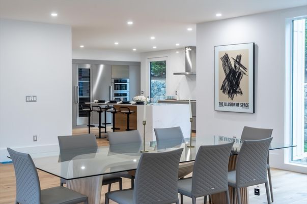 Dining room, Interior, Kitchen, Recessed Lighting, Stainless Steel Appliances, Wood Texture Flooring