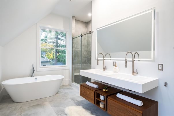 Bathroom, Dual Sink Vanities, Free Standing Baths, Glass Shower, Interior, Recessed Lighting