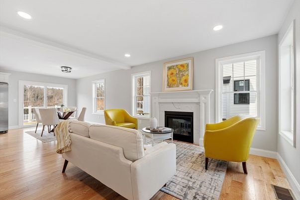 Dining room, Fireplace, Interior, Living room, Recessed Lighting, Wood Texture Flooring