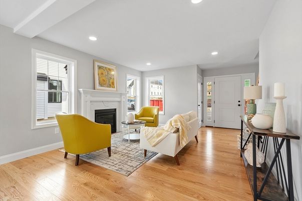 Fireplace, Interior, Living room, Recessed Lighting, Wood Texture Flooring