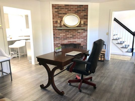 Fireplace, Home Office, Interior, Stone Walls, Wood Texture Flooring