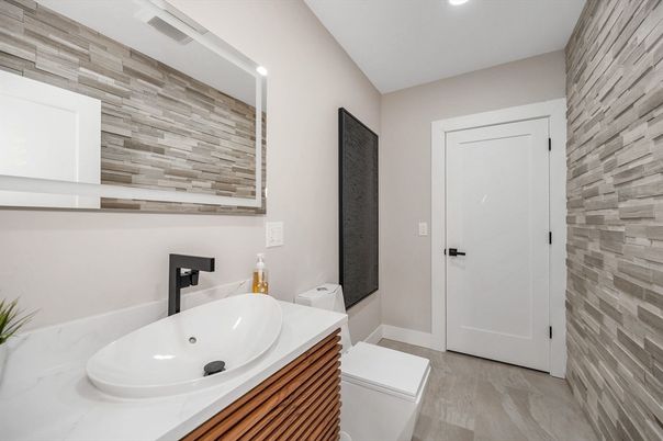 Bathroom, Interior, Recessed Lighting, Wood Texture Flooring, Wooden Walls