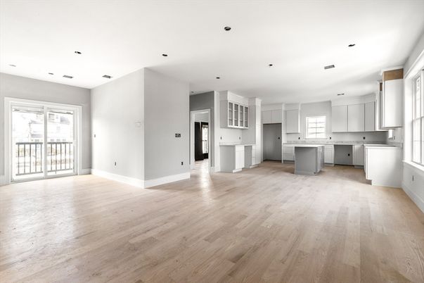 Empty room, Interior, Kitchen, Recessed Lighting, Wood Texture Flooring