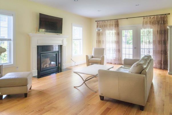 Fireplace, Interior, Living room, Recessed Lighting, Wood Texture Flooring
